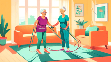 A friendly physical therapist guiding a smiling senior woman exercising with resistance bands in a brightly lit living room.