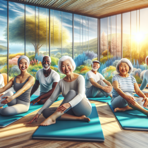 A diverse group of smiling seniors practicing pilates on mats in a sunny and spacious room with a view of nature.
