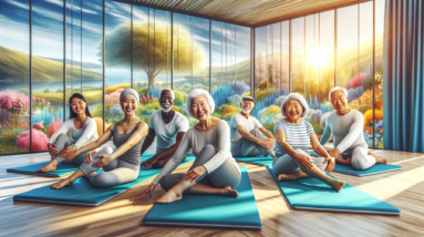 A diverse group of smiling seniors practicing pilates on mats in a sunny and spacious room with a view of nature.