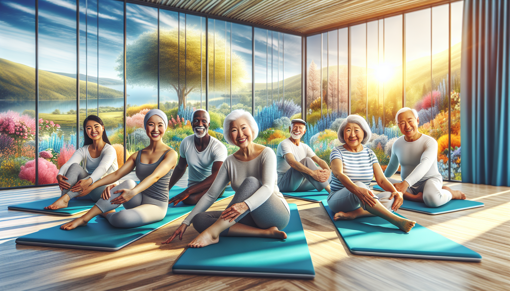 A diverse group of smiling seniors practicing pilates on mats in a sunny and spacious room with a view of nature.