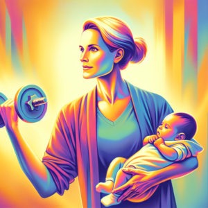 A woman holding a baby while lifting weights with a serene and determined expression, bathed in soft sunlight.