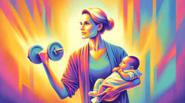 A woman holding a baby while lifting weights with a serene and determined expression, bathed in soft sunlight.