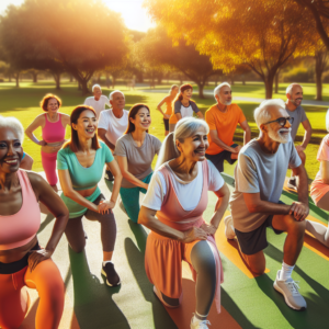 A diverse group of happy seniors wearing workout clothes doing low impact cardio exercises in a sunny park.