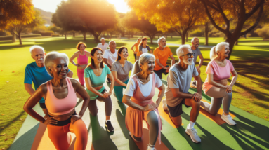 A diverse group of happy seniors wearing workout clothes doing low impact cardio exercises in a sunny park.