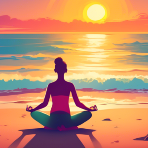A person doing a relaxing yoga pose on a serene beach with the sun setting over the ocean.