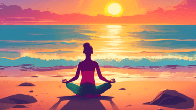 A person doing a relaxing yoga pose on a serene beach with the sun setting over the ocean.