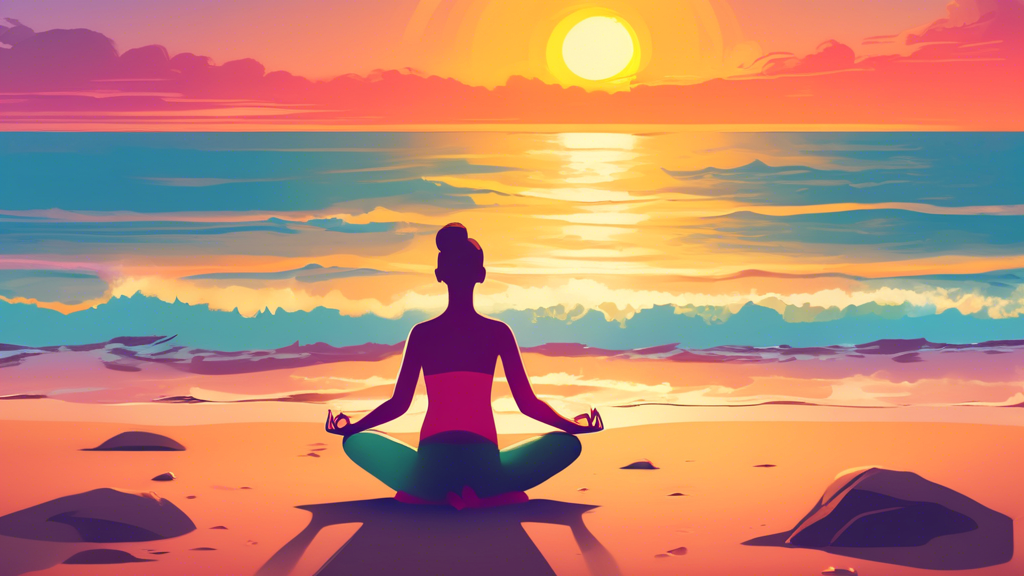 A person doing a relaxing yoga pose on a serene beach with the sun setting over the ocean.