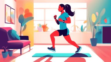 A determined beginner with a colorful smartwatch doing high intensity interval training at home, with a timer visible.