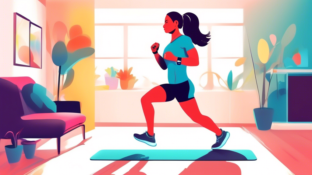 A determined beginner with a colorful smartwatch doing high intensity interval training at home, with a timer visible.