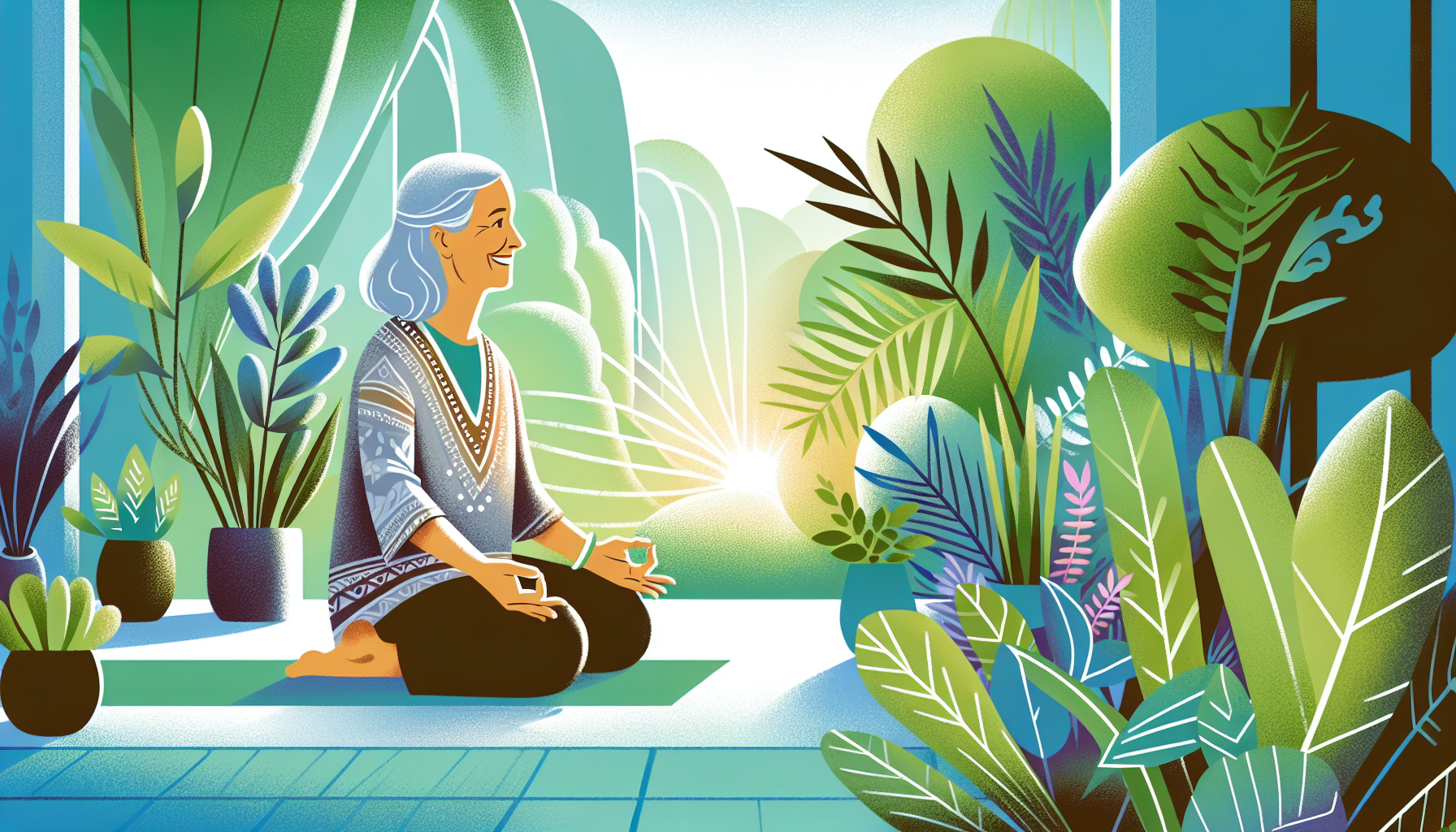 A woman smiling serenely while practicing pelvic floor exercises in a calming yoga studio with soft lighting and lush plants.