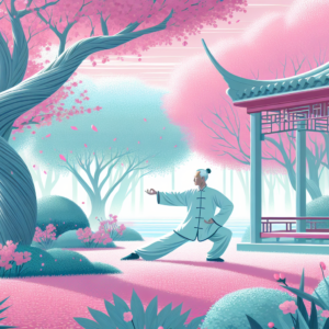 A serene senior citizen practicing Tai Chi in a tranquil garden with blooming cherry blossoms.
