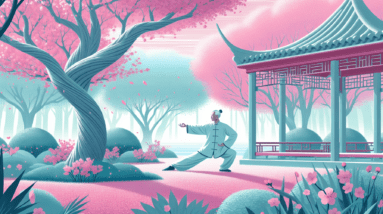 A serene senior citizen practicing Tai Chi in a tranquil garden with blooming cherry blossoms.