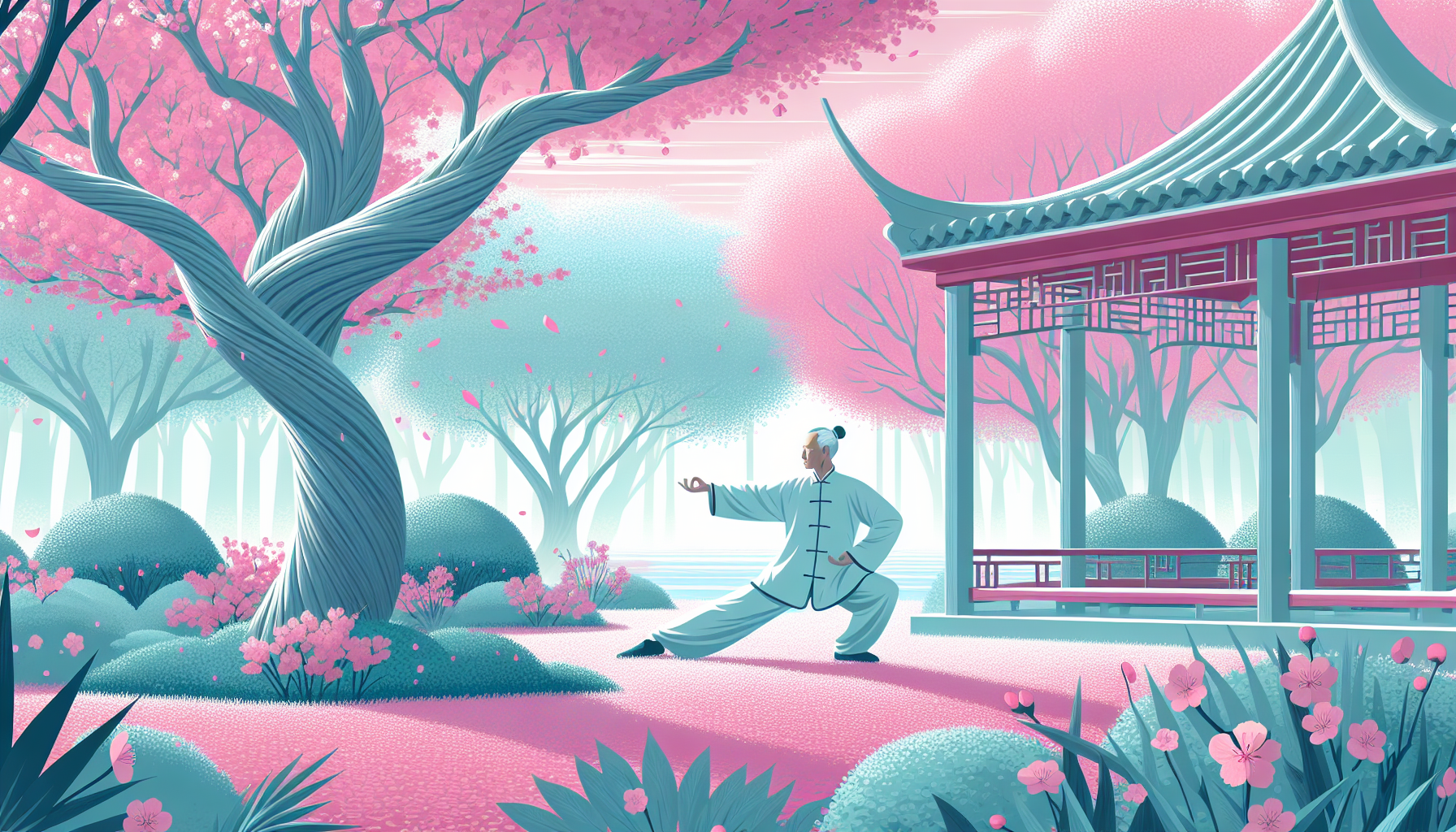 A serene senior citizen practicing Tai Chi in a tranquil garden with blooming cherry blossoms.