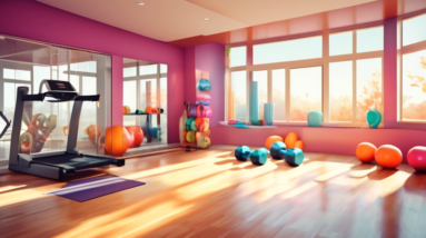 A home gym with a variety of equipment including dumbbells, kettlebells, and a treadmill, bathed in natural light.