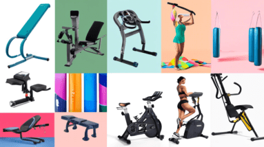 A collage of the top 12 pieces of home gym equipment for 2024, with a focus on versatility and space-saving design.