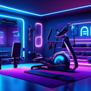 A sleek and modern home gym with a variety of top-rated exercise equipment, glowing with a futuristic blue and purple neon light. ABC News logo in the corner.