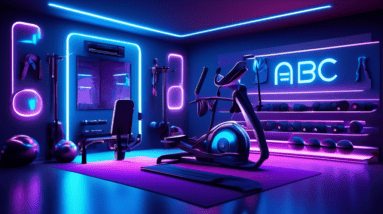 A sleek and modern home gym with a variety of top-rated exercise equipment, glowing with a futuristic blue and purple neon light. ABC News logo in the corner.