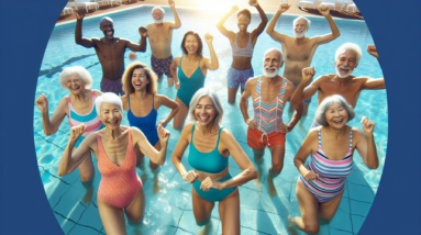 A group of smiling seniors laughing and doing water aerobics in a sunny swimming pool, wearing colorful swimwear.