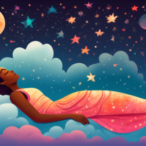 A woman sleeping peacefully in savasana pose on a cloud with the moon and stars shining above her.