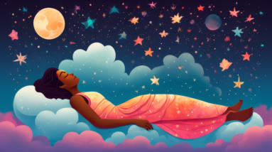 A woman sleeping peacefully in savasana pose on a cloud with the moon and stars shining above her.