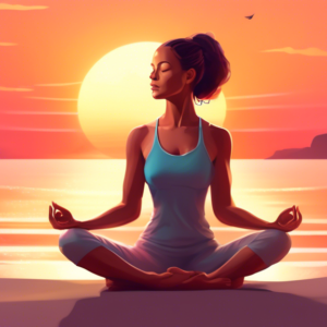 A serene woman meditating in a peaceful yoga pose on a beach with the sunset in the background. Her body is glowing with inner peace.