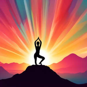 A serene person silhouetted against a sunset doing a yoga pose on a mountain peak with radiating light beams.