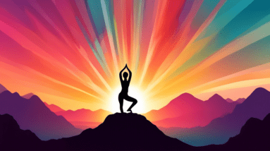 A serene person silhouetted against a sunset doing a yoga pose on a mountain peak with radiating light beams.