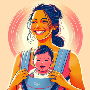 A woman smiling while doing yoga with her baby in a carrier on her chest.
