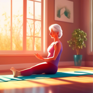 A serene woman in her 50s practicing pilates on a yoga mat at home, bathed in warm sunlight streaming through a window, her phone displaying a pilates workout app in the foreground.