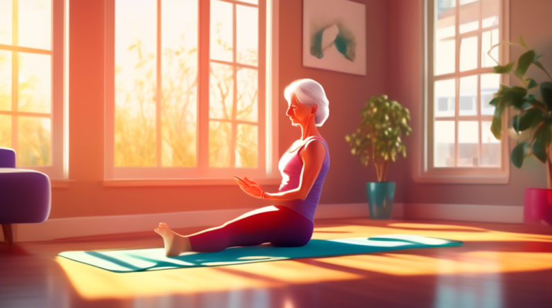 A serene woman in her 50s practicing pilates on a yoga mat at home, bathed in warm sunlight streaming through a window, her phone displaying a pilates workout app in the foreground.