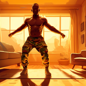 A determined soldier doing calisthenics in their living room bathed in dramatic golden light.