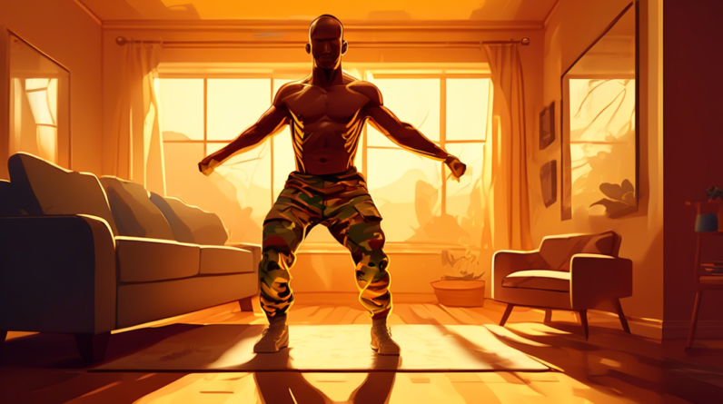 A determined soldier doing calisthenics in their living room bathed in dramatic golden light.