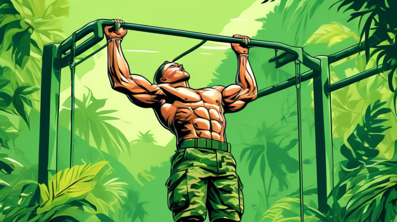 A determined soldier in fatigues doing pull-ups on a jungle gym with lush green foliage in the background.