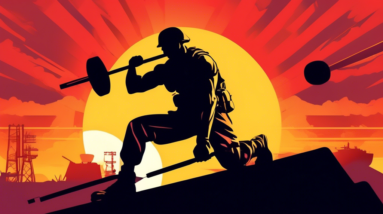 A determined soldier, silhouetted against a rising sun, lifting a barbell made of tank treads.