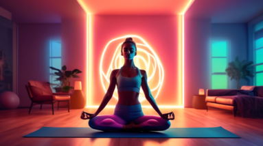 A toned celebrity doing a yoga pose with a glowing outline, in a modern living room with workout equipment subtly in the background.