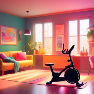 A cozy and inviting home gym with comfortable furniture, diffused lighting, and exercise equipment integrated seamlessly into the room. A person smiles while reading a book on a stationary bike.