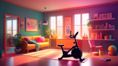 A cozy and inviting home gym with comfortable furniture, diffused lighting, and exercise equipment integrated seamlessly into the room. A person smiles while reading a book on a stationary bike.