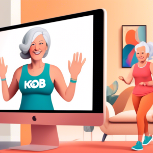 A fit woman leads a virtual walking workout on a computer screen with the KOB 4 logo in the corner. A smiling older woman follows along in her living room.