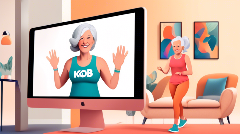 A fit woman leads a virtual walking workout on a computer screen with the KOB 4 logo in the corner. A smiling older woman follows along in her living room.