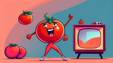 A cartoon tomato wearing workout clothes, mimicking Jennifer Lopez striking a pose in front of a TV screen reflecting a home workout routine.
