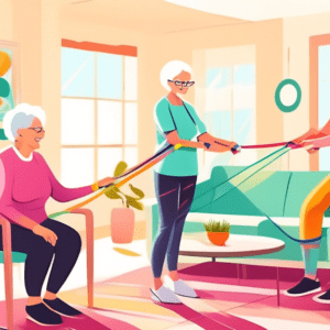 A friendly physical therapist helping a smiling senior woman use resistance bands in a bright and airy living room.