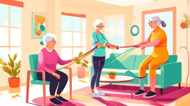 A friendly physical therapist helping a smiling senior woman use resistance bands in a bright and airy living room.