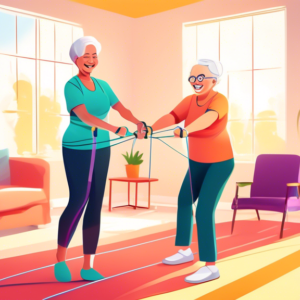 A friendly physical therapist guiding a smiling senior woman exercising with resistance bands in a brightly lit living room.
