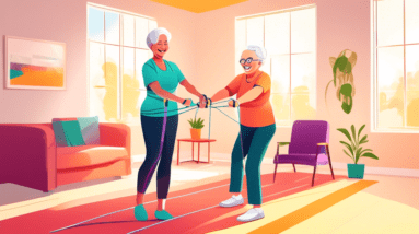 A friendly physical therapist guiding a smiling senior woman exercising with resistance bands in a brightly lit living room.