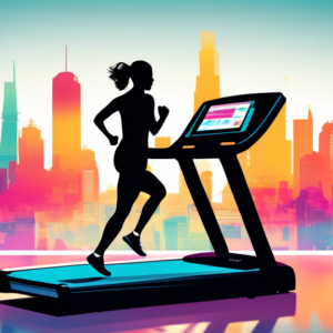 A sleek and modern treadmill displaying 2024 on its interface, set against a backdrop of a city skyline with a runner's silhouette.