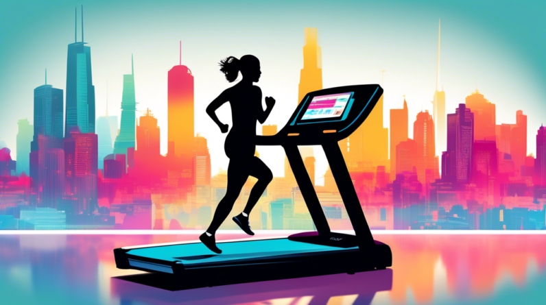 A sleek and modern treadmill displaying 2024 on its interface, set against a backdrop of a city skyline with a runner's silhouette.