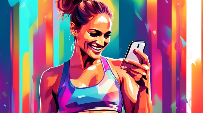 A woman in workout clothes, glistening with sweat, smiles exhaustedly while holding a smartphone displaying a photo of Jennifer Lopez in a similar workout outfit.