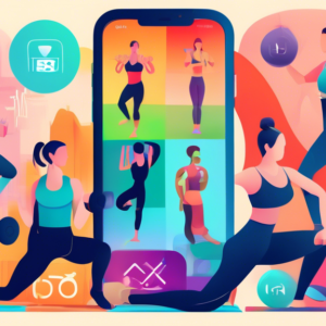 A smartphone displaying a variety of fitness apps, overlaid on a background of people working out at home with yoga mats, dumbbells, and resistance bands.