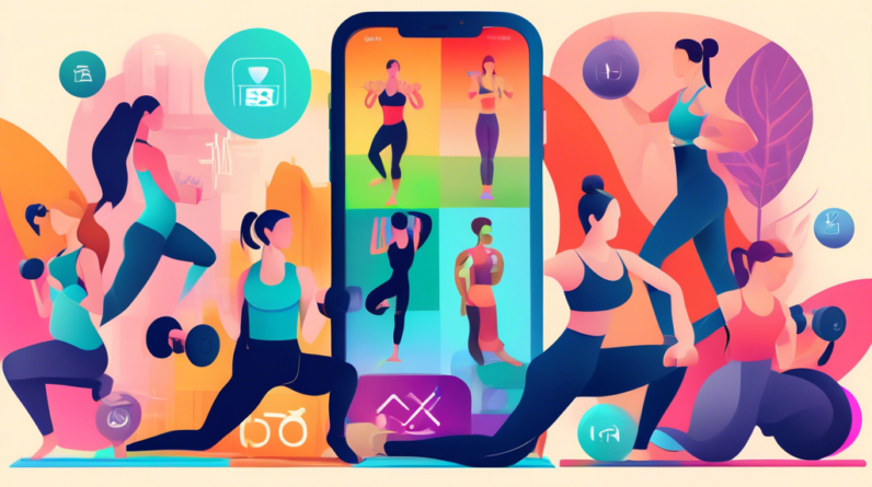 A smartphone displaying a variety of fitness apps, overlaid on a background of people working out at home with yoga mats, dumbbells, and resistance bands.