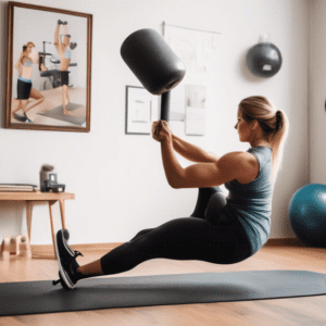 A person working out at home using various equipment and bodyweight exercises to build forearm muscles, including dumbbells, resistance bands, and a pull-u